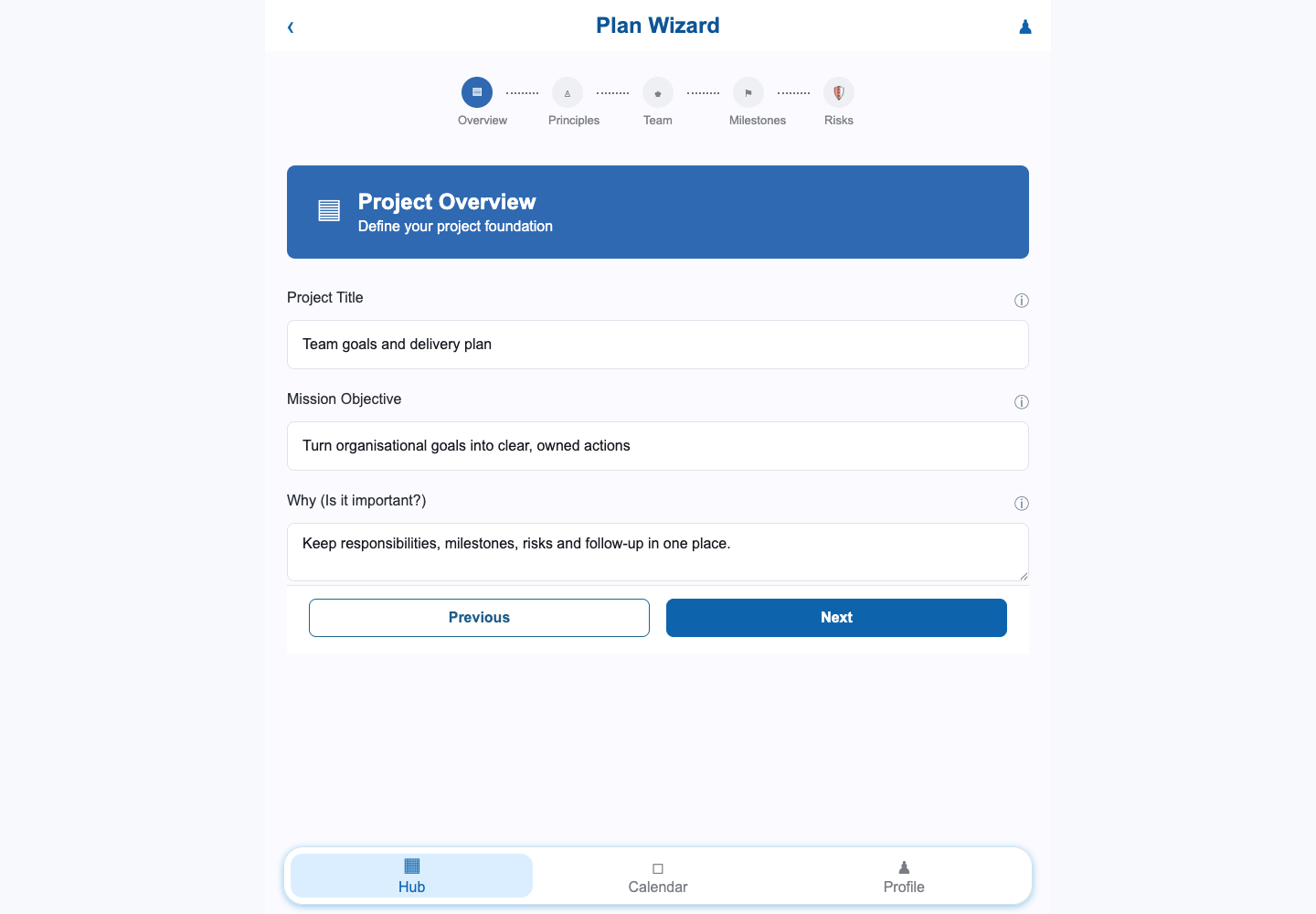 An anonymised planning screen showing a project title, mission and reason for the work
