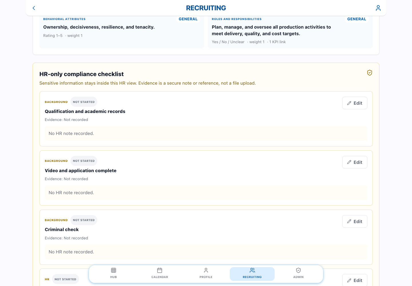 An anonymised recruiting workflow showing role requirements, assessment prompts and a separate HR-only checklist