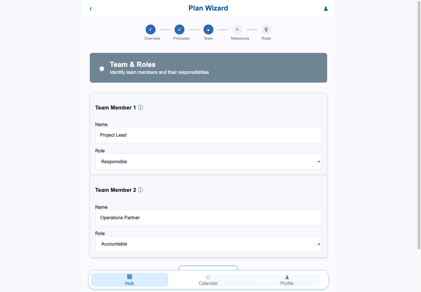 An anonymised team and roles screen showing responsible and accountable people